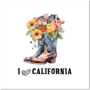 I Love California Boho Cowboy Boots with Flowers Posters and Art